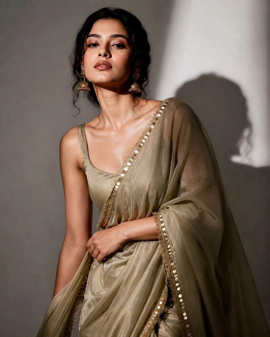 Mokza Self Design Bollywood Chiffon Saree (Beige)
