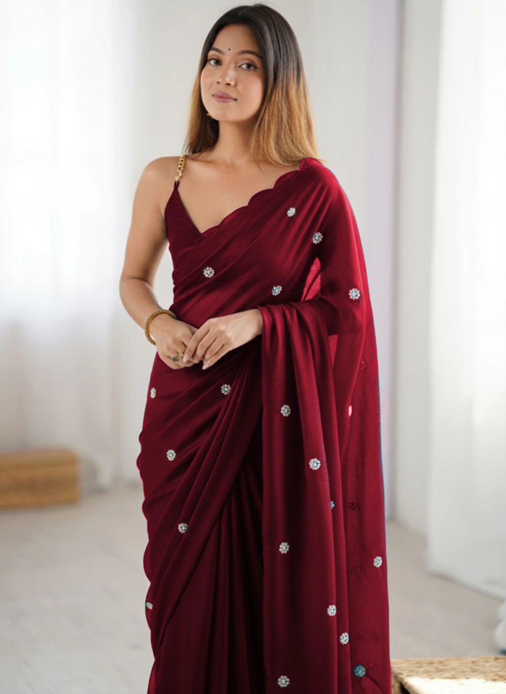 PATBRO Embroidered Daily Wear Georgette Saree (Maroon)