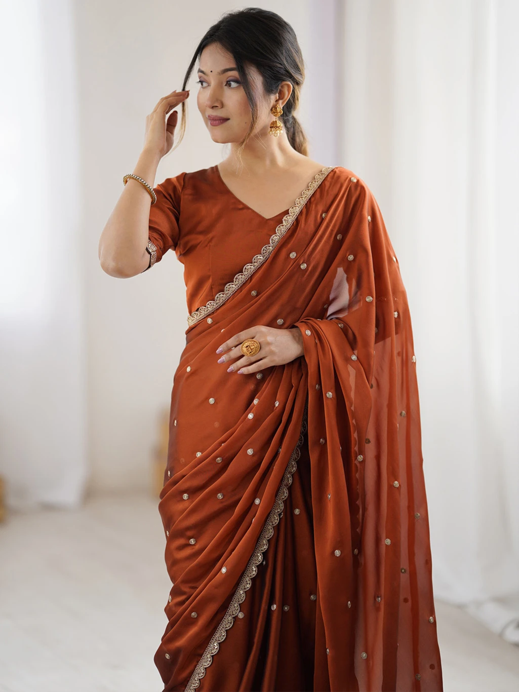 Punky Embellished Bollywood Georgette Saree (Brown) thumbnail 2