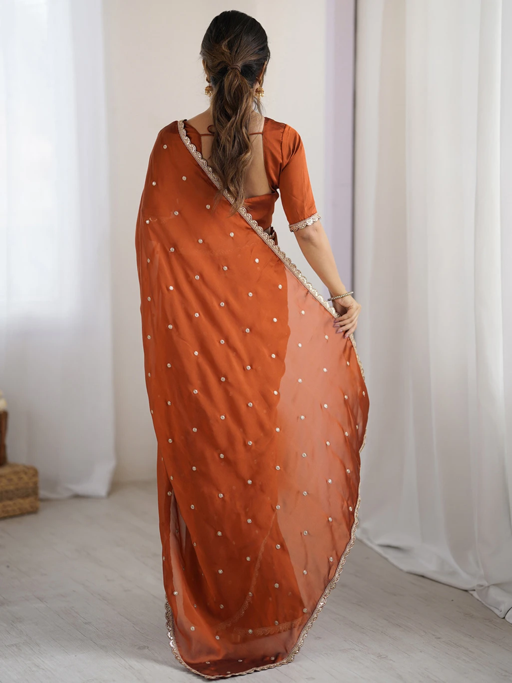 Punky Embellished Bollywood Georgette Saree (Brown) thumbnail 3