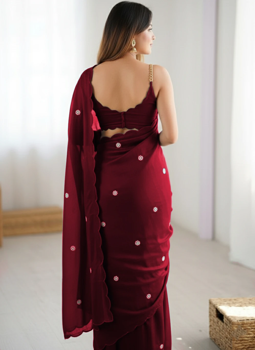 PATBRO Embroidered Daily Wear Georgette Saree (Maroon) thumbnail 2